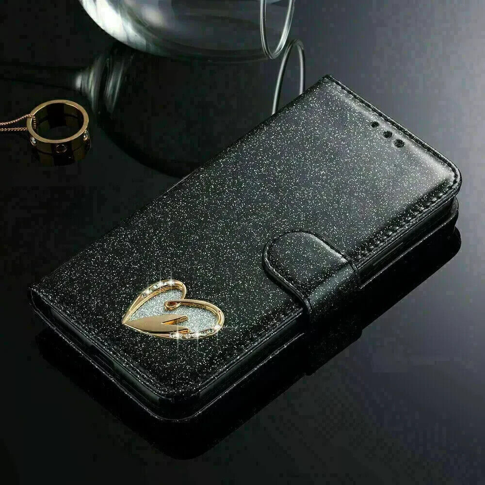 Sparkle Heart Leather Wallet Flip Case for iPhone 16 15 14 13 12 11 X XR XS 8 7