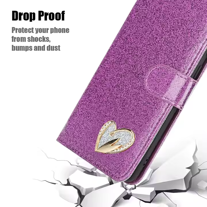 Sparkle Heart Leather Wallet Flip Case for iPhone 16 15 14 13 12 11 X XR XS 8 7