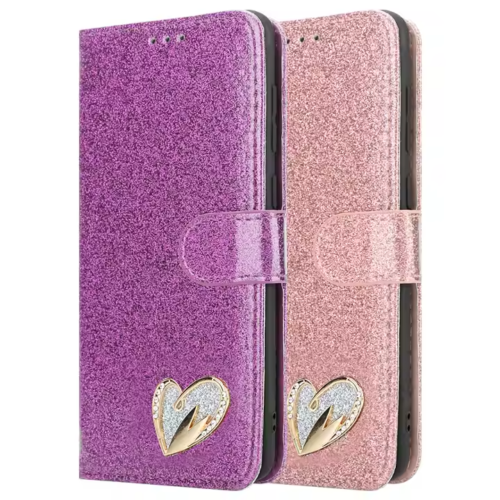 Sparkle Heart Leather Wallet Flip Case for iPhone 16 15 14 13 12 11 X XR XS 8 7