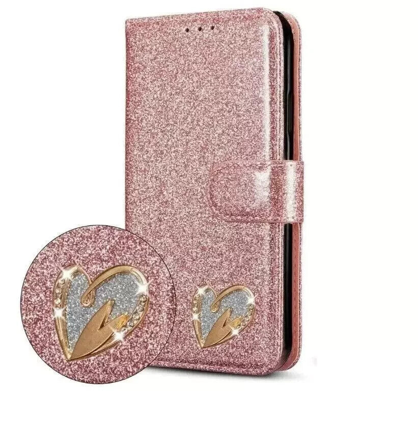Sparkle Heart Leather Wallet Flip Case for iPhone 16 15 14 13 12 11 X XR XS 8 7