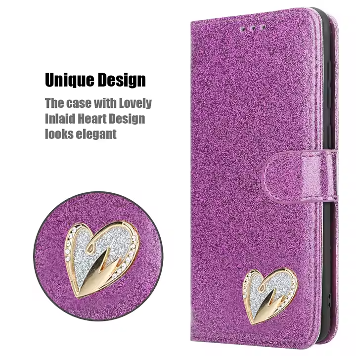 Sparkle Heart Leather Wallet Flip Case for iPhone 16 15 14 13 12 11 X XR XS 8 7