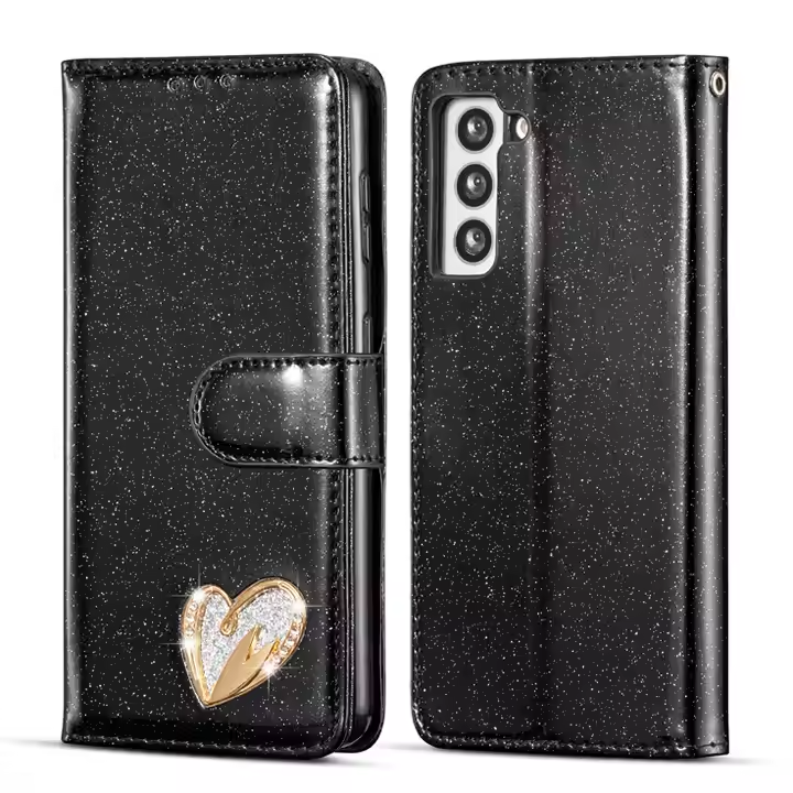Sparkle Heart Leather Wallet Flip Case for iPhone 16 15 14 13 12 11 X XR XS 8 7